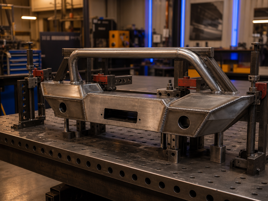 Bumper being welded and fitted in the fabrication shop
