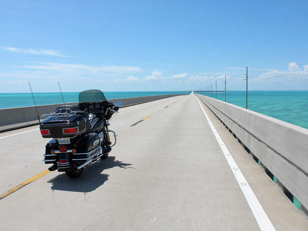 Touring motorcycle on a Florida Keys bridge