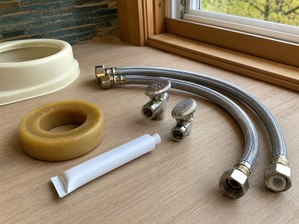 Braided supply lines, shutoff valves, a wax ring, and silicone on a workbench