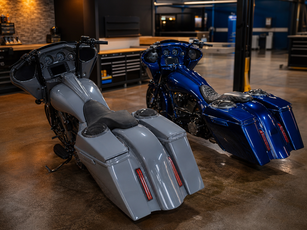 Custom baggers inside the Biscayne Moto Works service shop in Miami