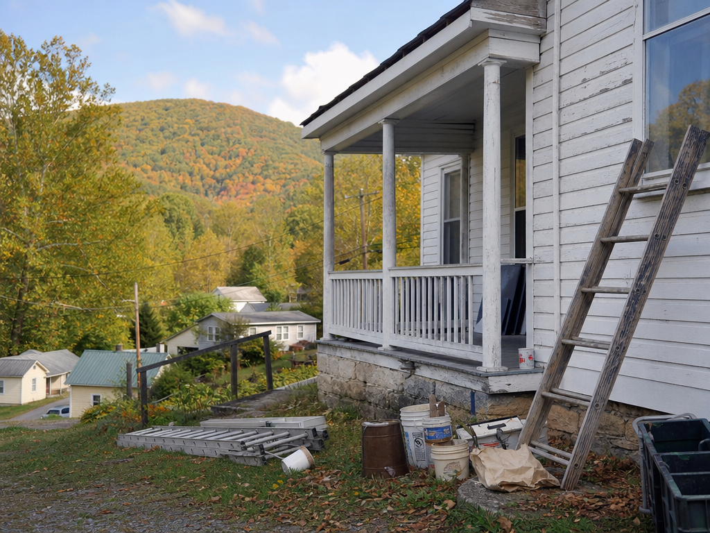 Modest older homes in the rural mountain town of Crossnore, North Carolina