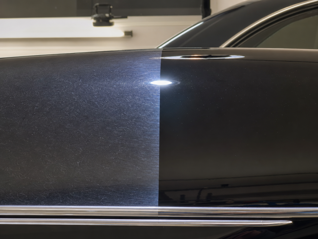 Before and after paint correction on a classic car panel