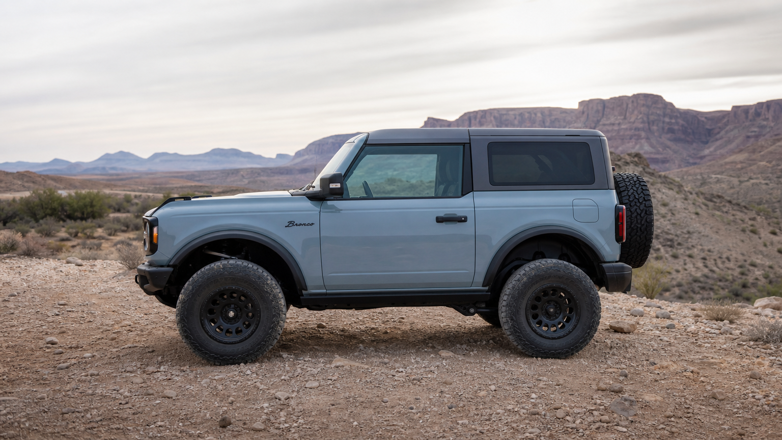Project Iron Mesa Ford Bronco side profile on West Texas desert trail