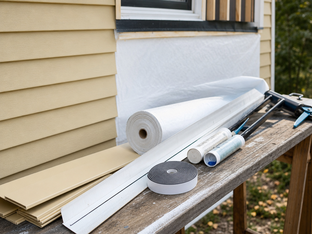 Siding panels, house-wrap, flashing, and sealant on a workbench