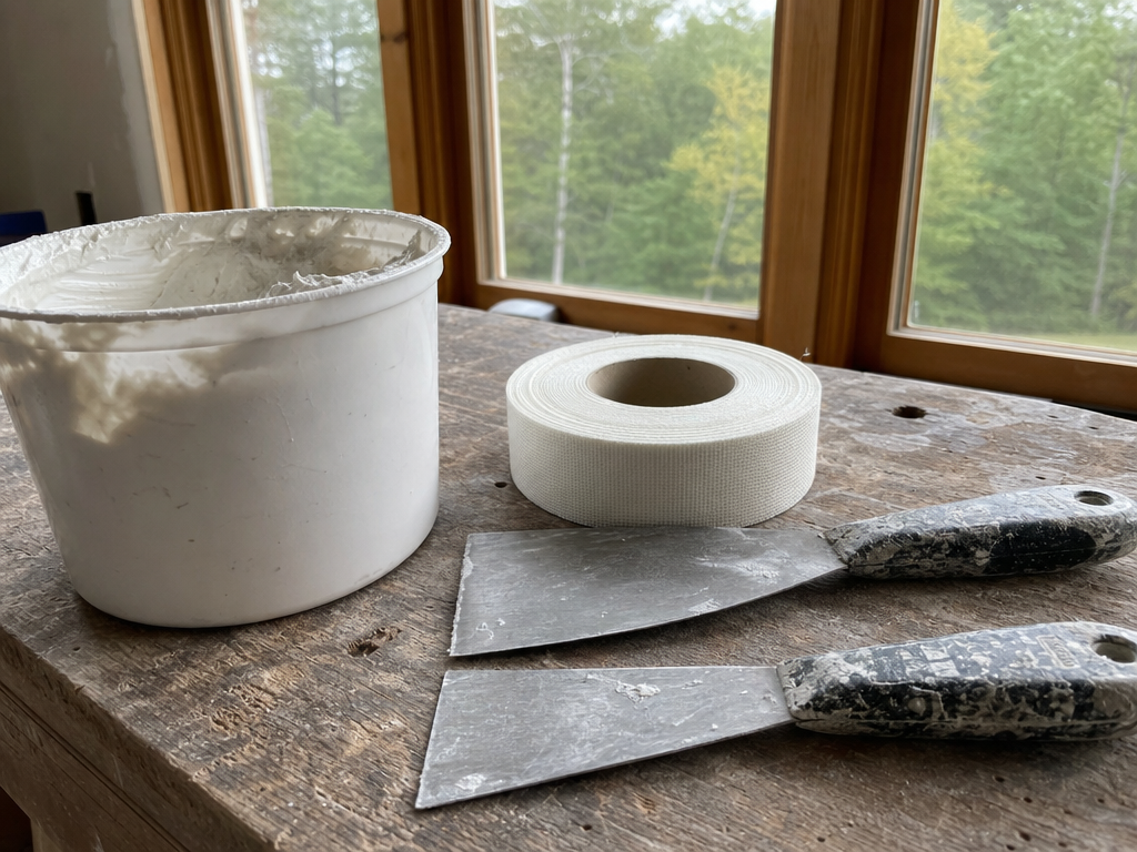 Joint compound, paper tape, and taping knives on a workbench