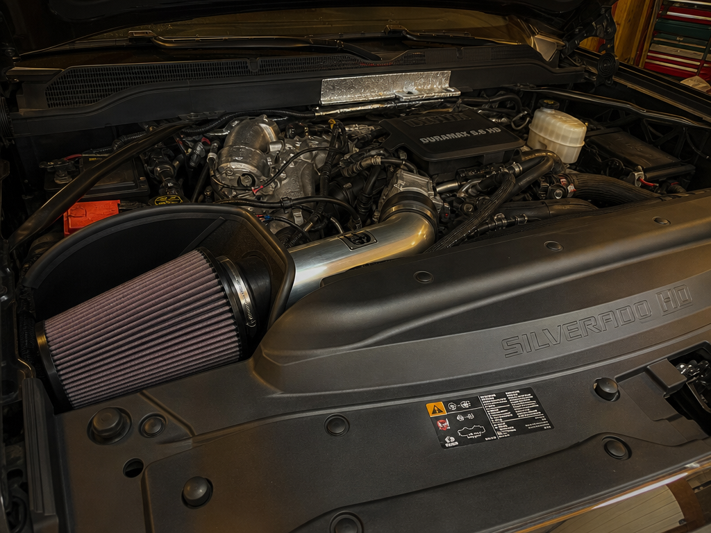 Silverado 2500 LML Duramax S&B intake installed engine bay