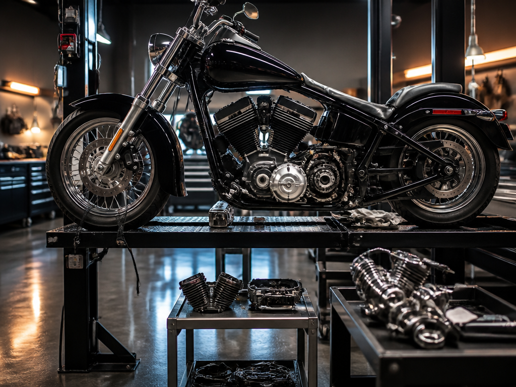 Harley Softail service on a lift in Miami
