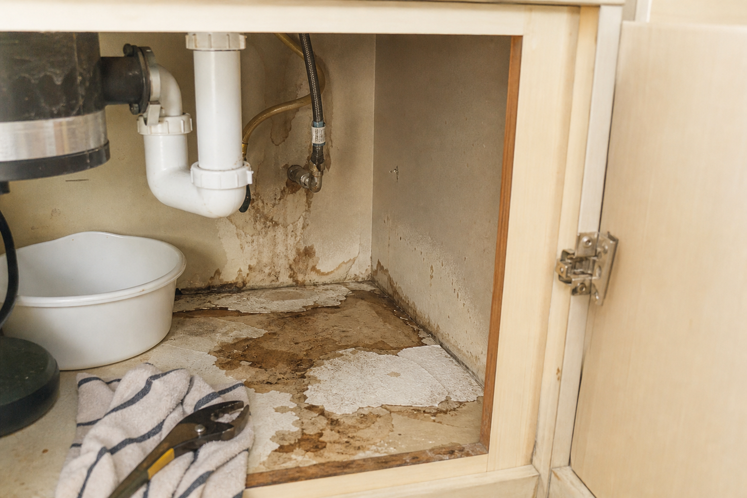 A leaking supply connection with water damage in the cabinet below