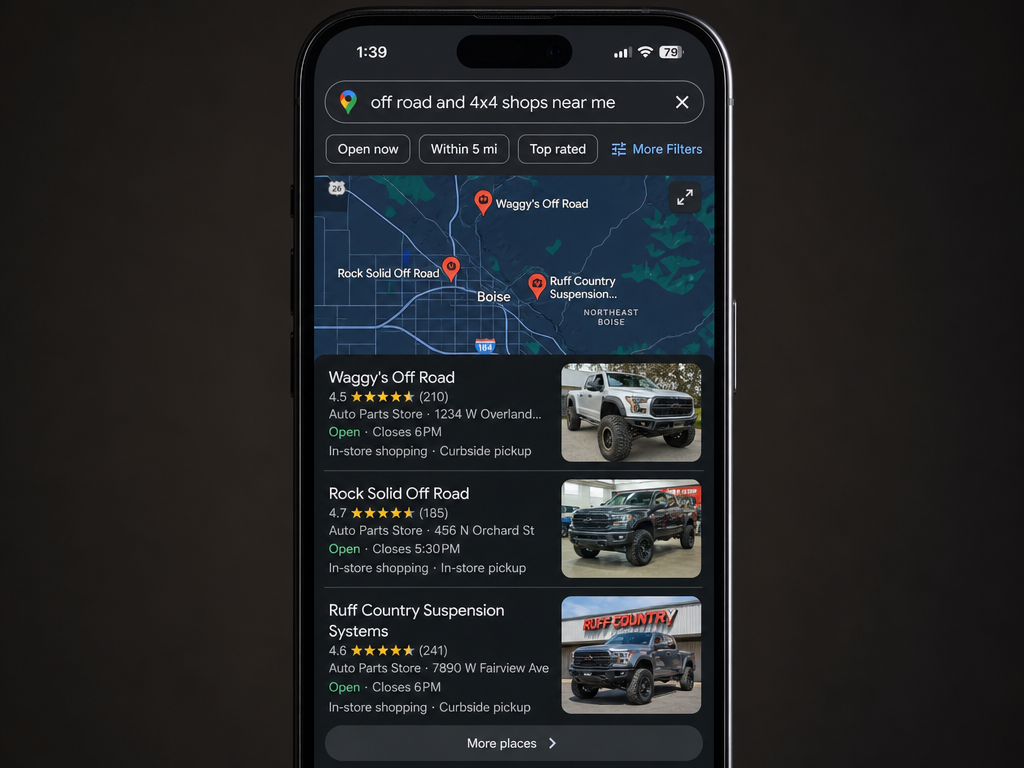 Smartphone showing Google map-pack results with off-road shop pins and GBP listing context