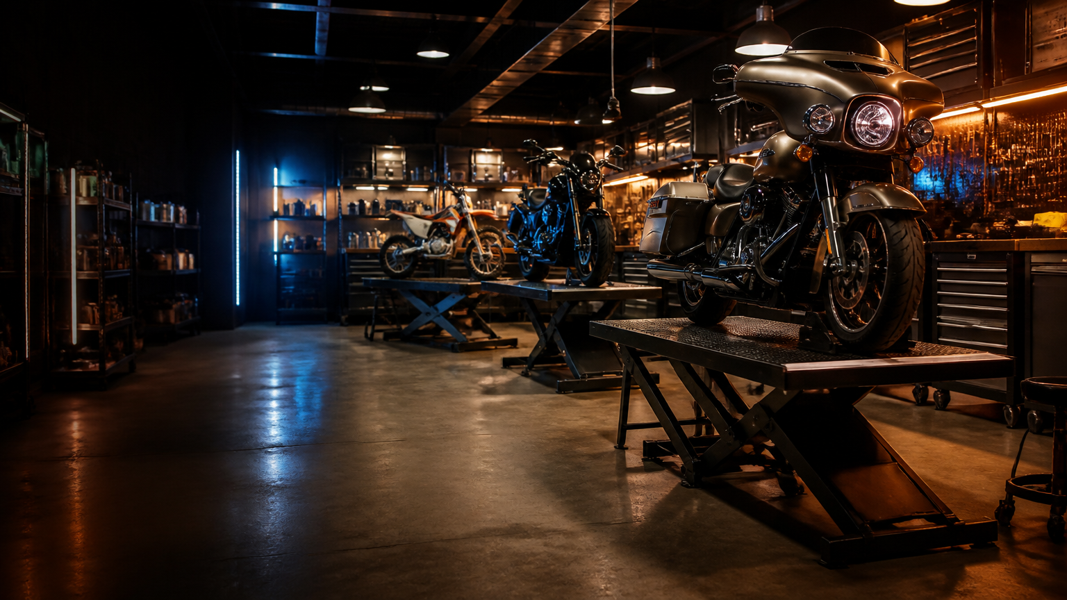 Inside the Biscayne Moto Works motorcycle service shop in Miami