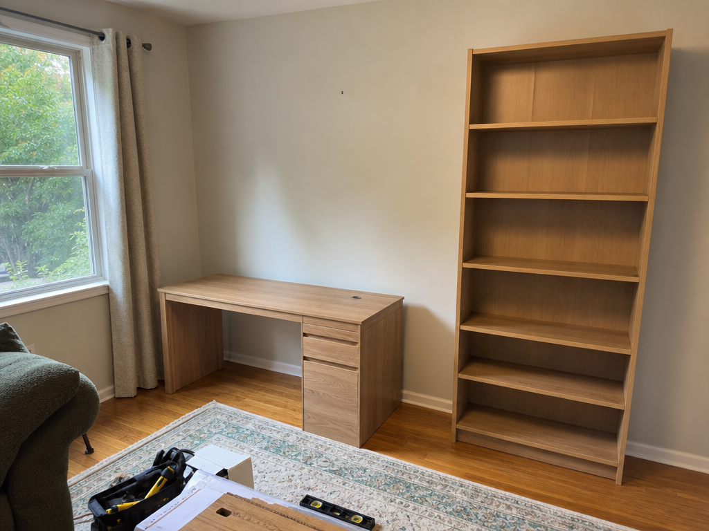 Assembled flat-pack furniture piece in a tidy room