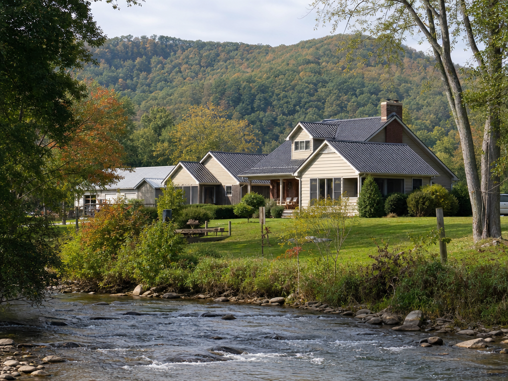Rural homes along the Elk River in Elk Park, North Carolina