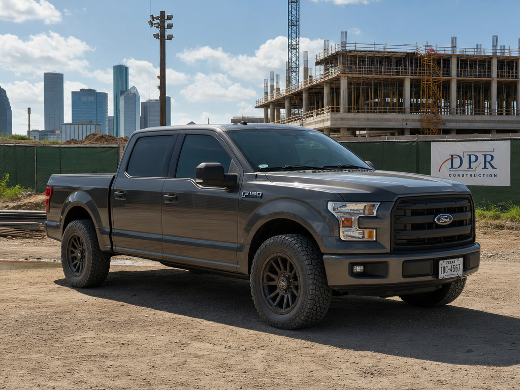 Leveled Ford F-150 on 35-inch tires parked at a Houston jobsite