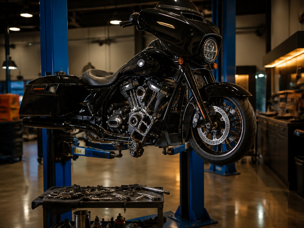 Harley Street Glide service on a lift in Miami