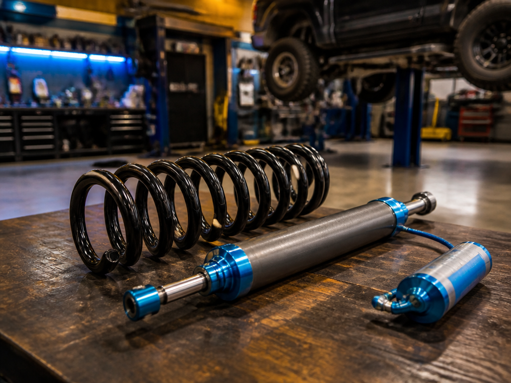 Carli progressive-rate coil spring and King reservoir shock on a shop bench
