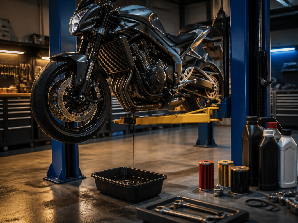 Motorcycle major service in progress on a lift in Miami