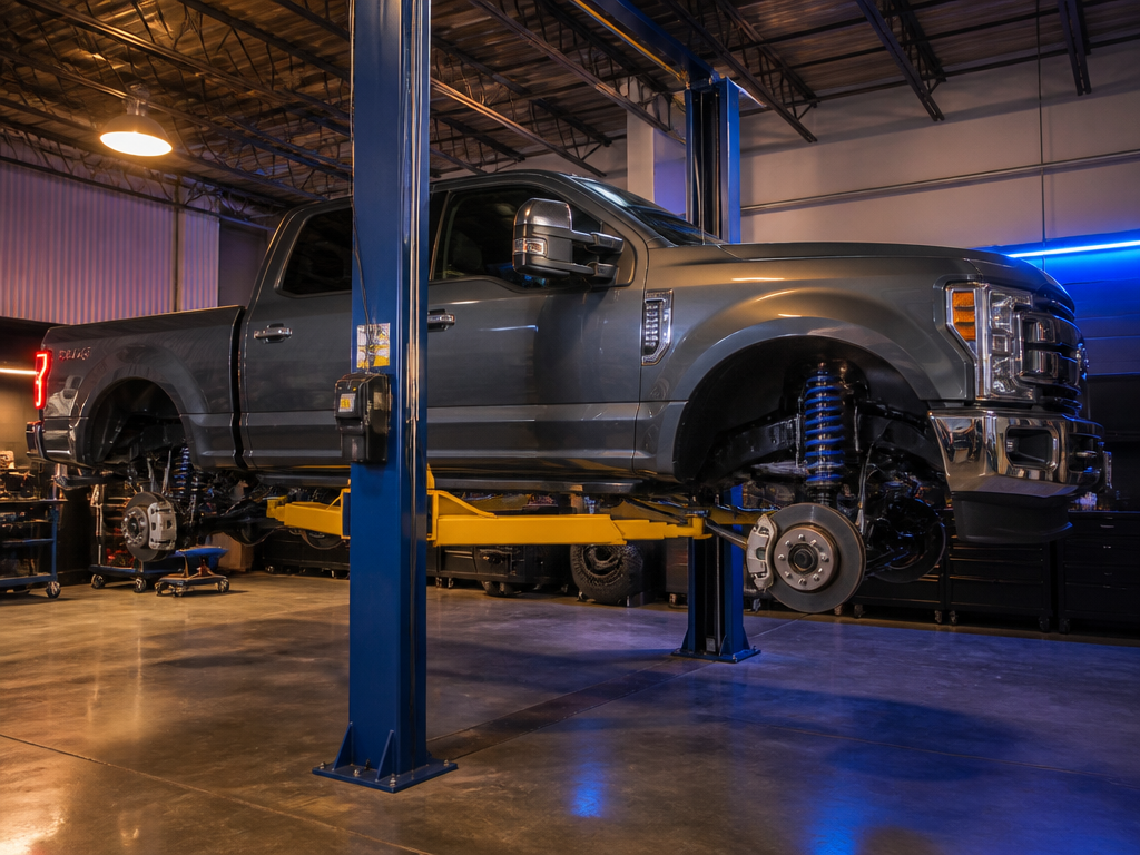 Lifted pickup on a shop lift during a BDS suspension install