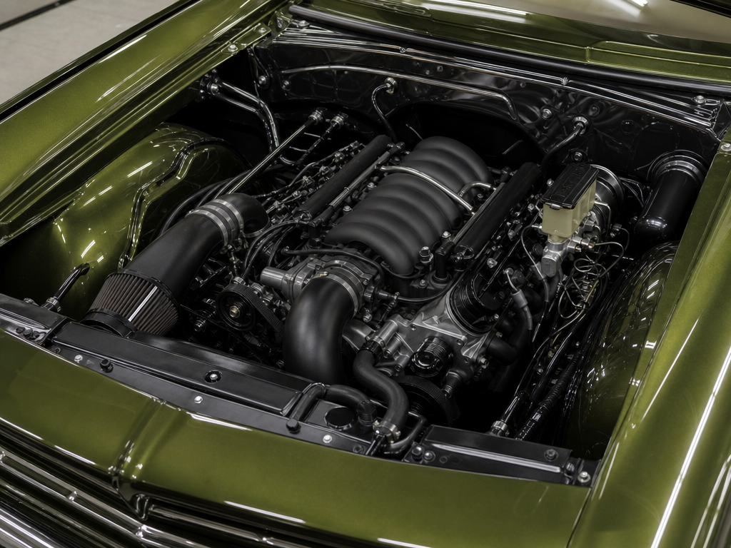 Modern fuel-injected engine cleanly integrated into a classic car engine bay