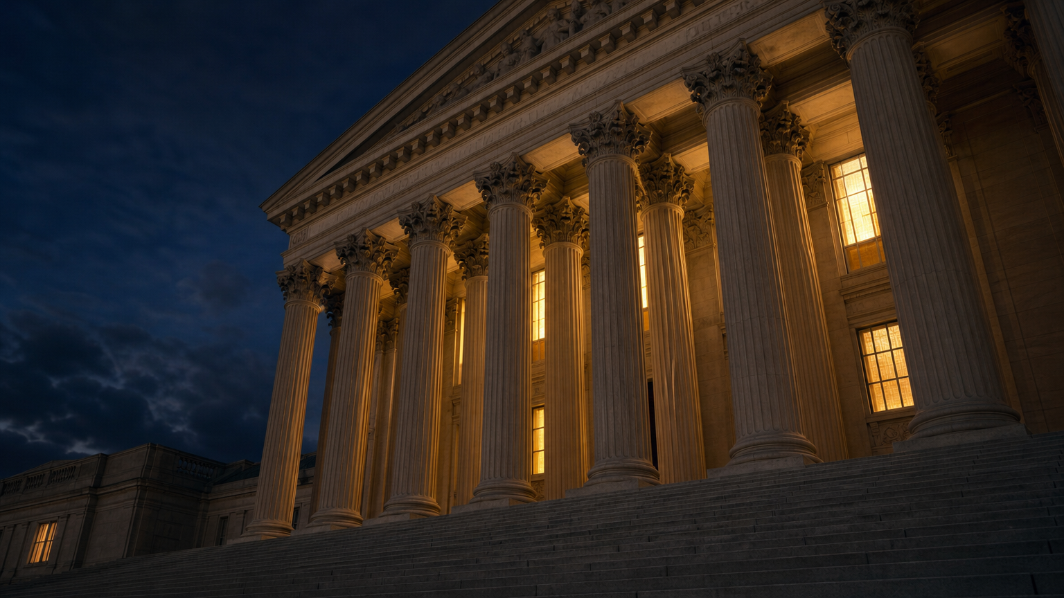 Courthouse exterior at dawn, stone columns suggesting constitutional authority
