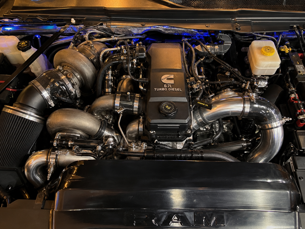 6.7 Cummins compound turbo engine bay
