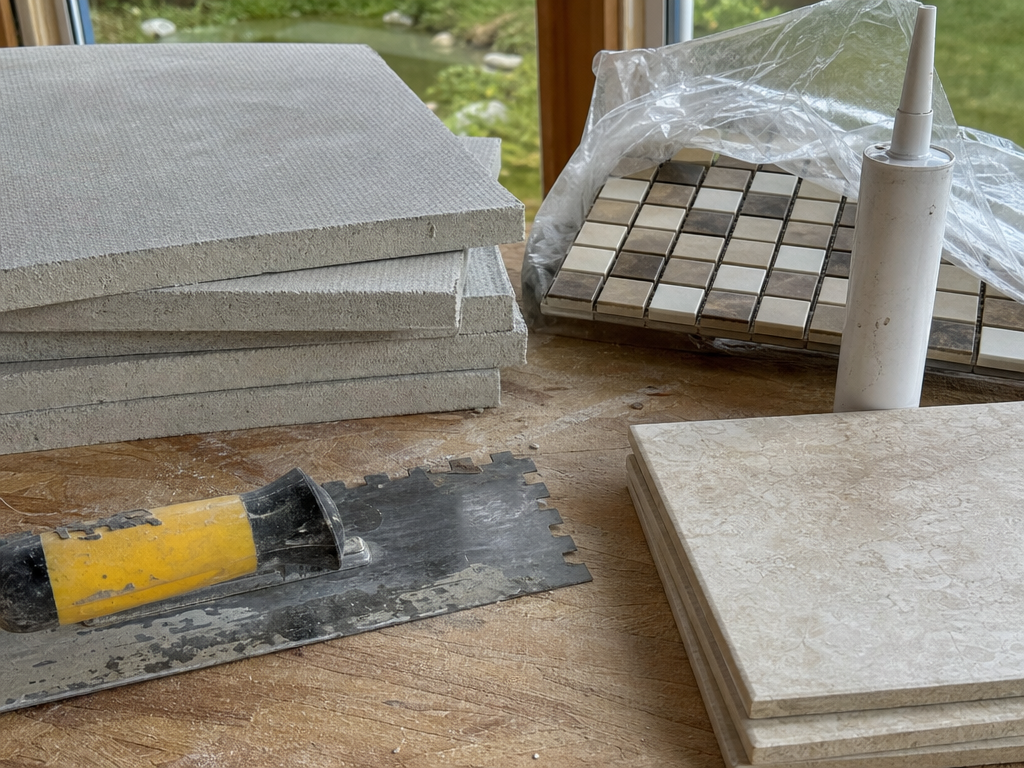Silicone sealant, cement backer board, and tile on a workbench