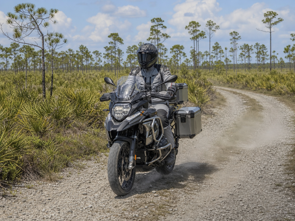 Adventure motorcycle on a Florida backcountry road