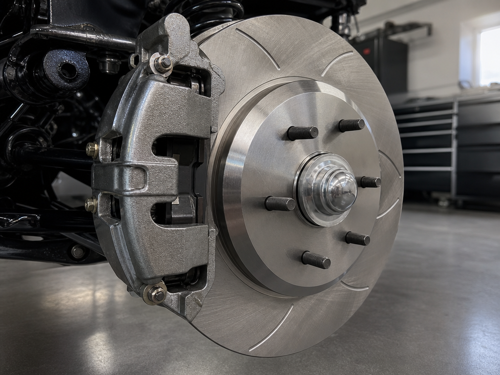 Front disc brake conversion installed on a classic car spindle