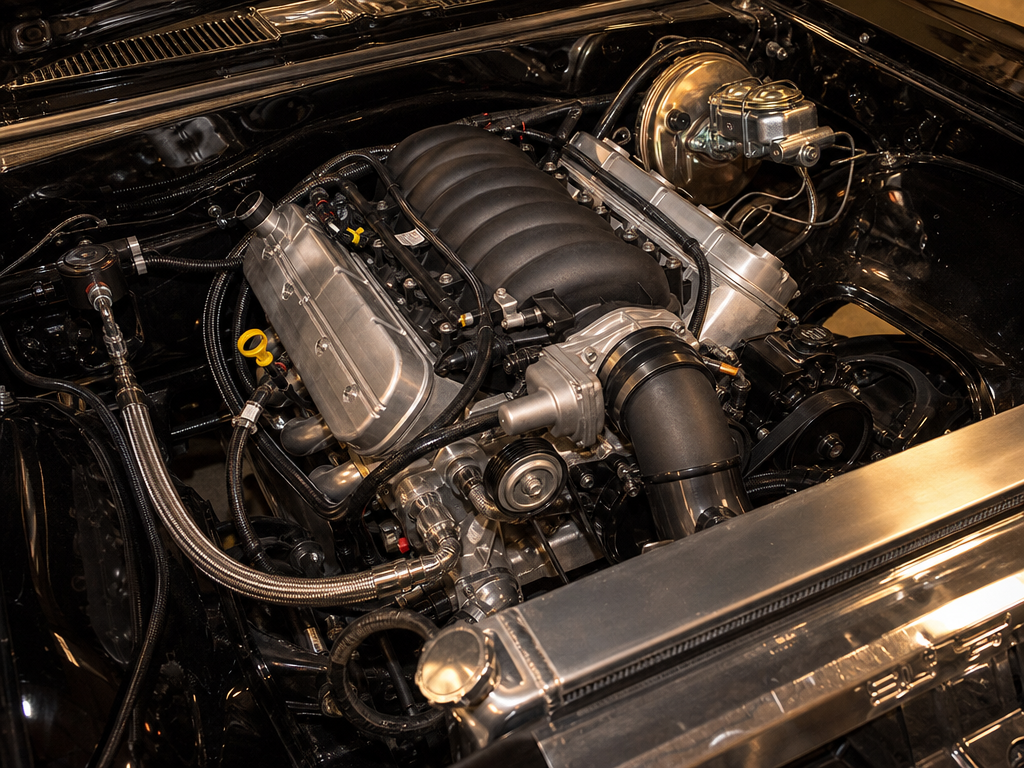 Muscle car engine bay — LS swap install in a classic Camaro on a lift