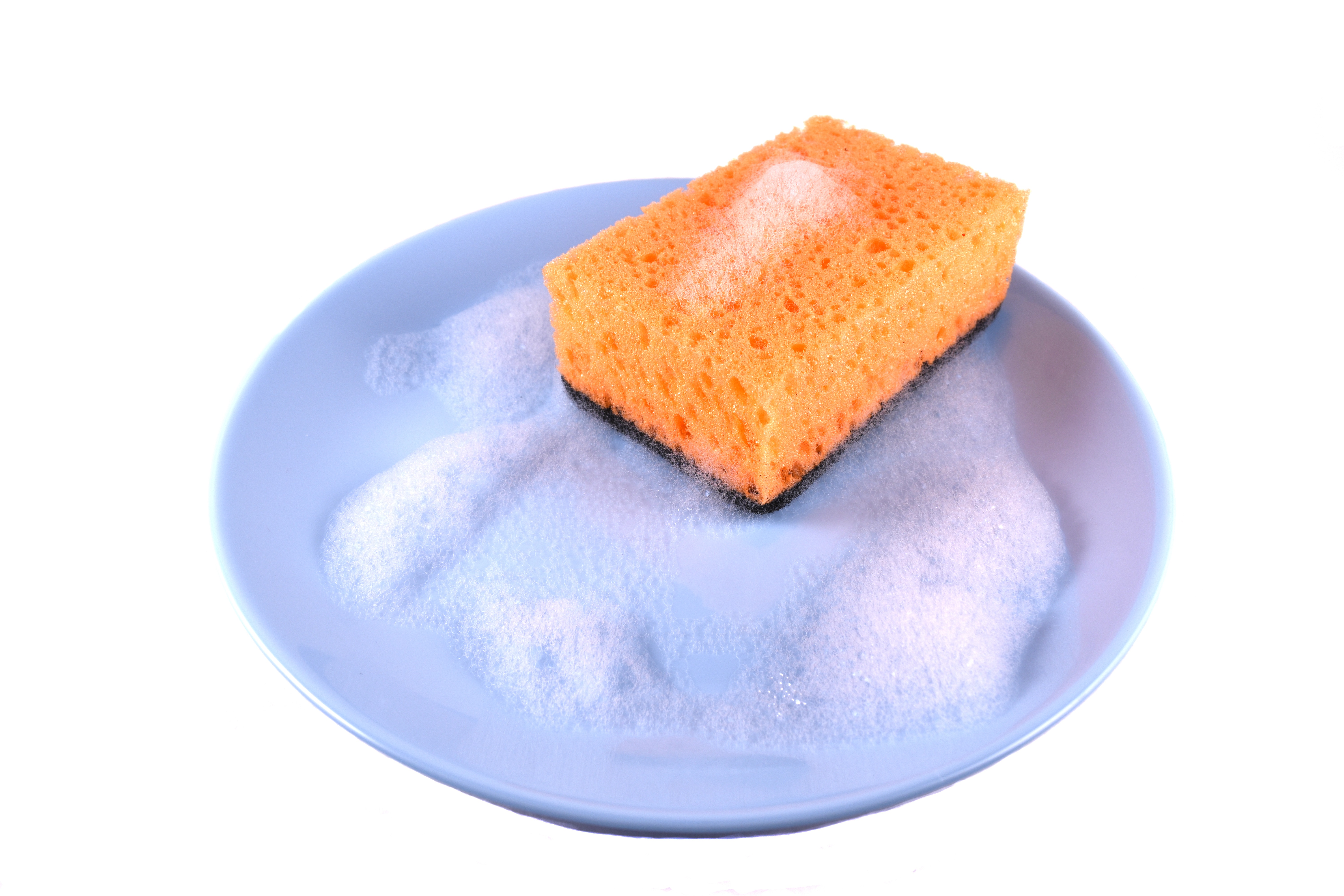 Stock image of sponge cleaning a plate with soap