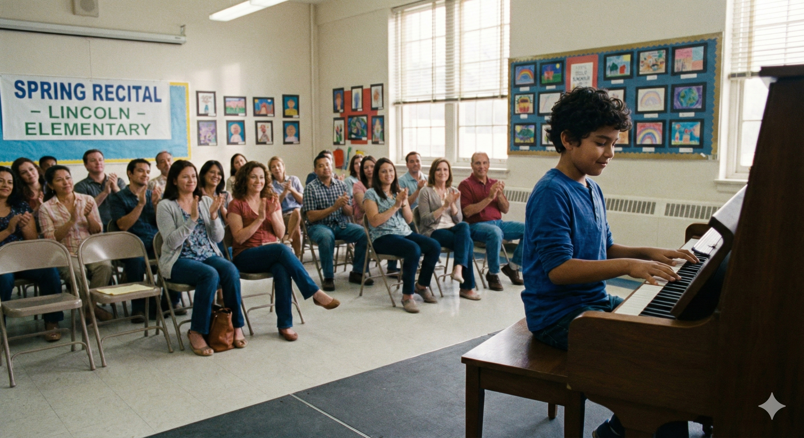 Niño latino en recital de escuela de música en Queens NY