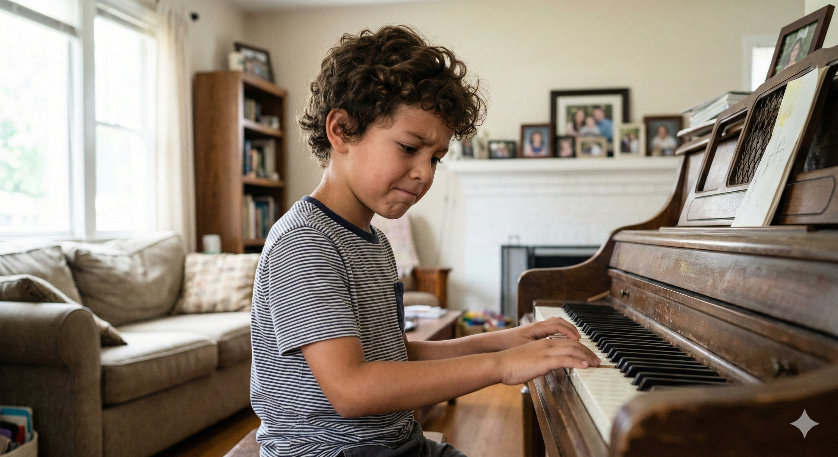 Niño hispano practicando piano en casa – clases de música online para niños en Estados Unidos
