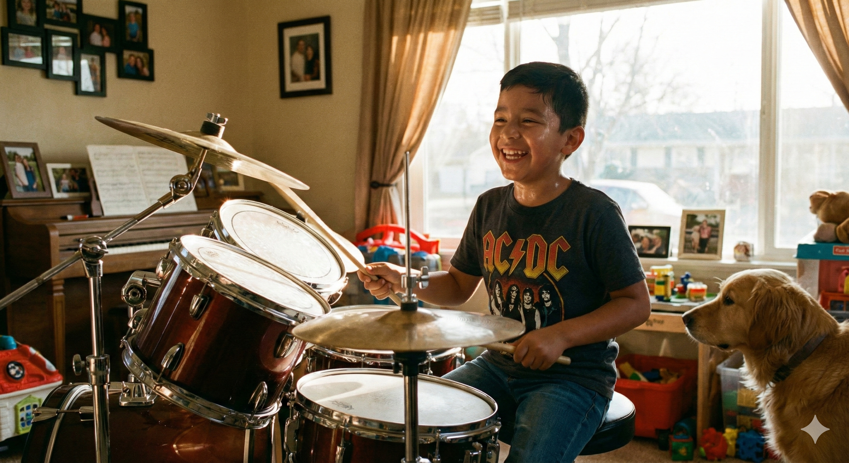 niño hispano tomando clases de batería online en español en Estados Unidos