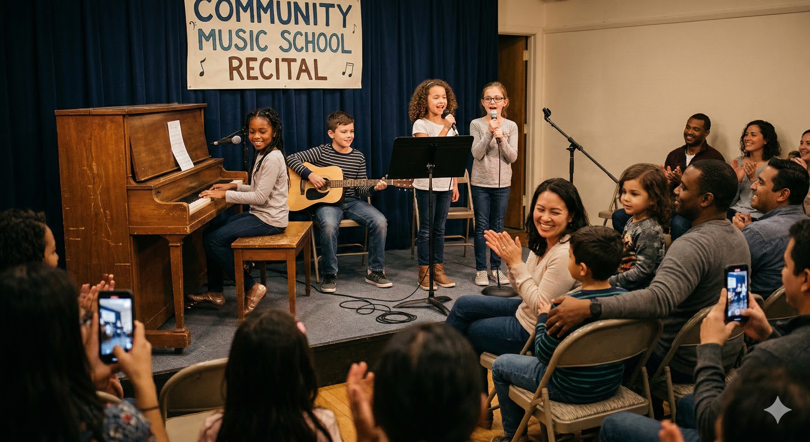 Niños desarrollando confianza, habilidades sociales y autoestima a través de clases de música en Estados Unidos.
