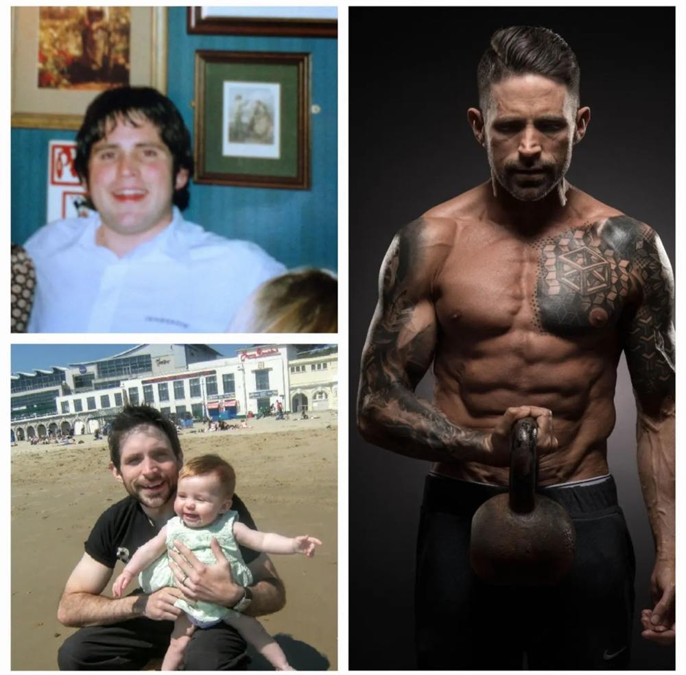 Paul Butler's own transformation: as a young man living with Cystic Fibrosis, holding his baby daughter Amelia, and in training condition today