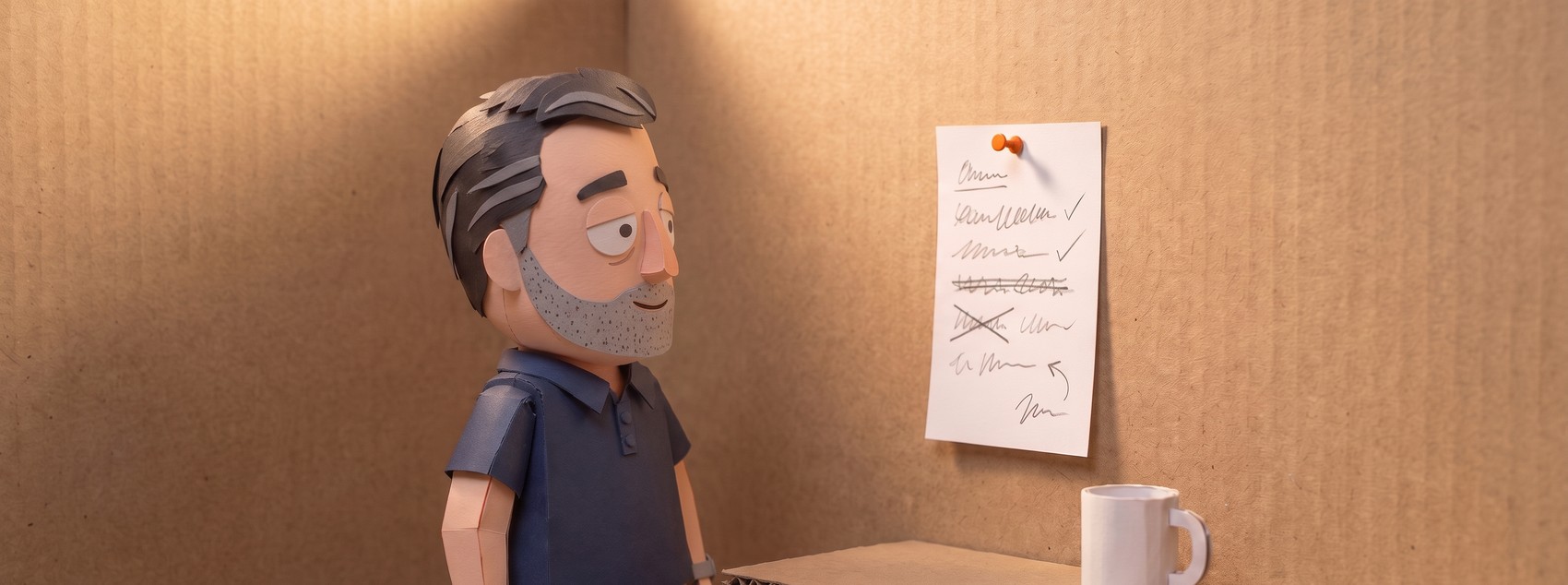 A paper puppet smiles quietly at a single handwritten page pinned to his kitchen wall with an orange pin, most lines ticked, one crossed out and rewritten.