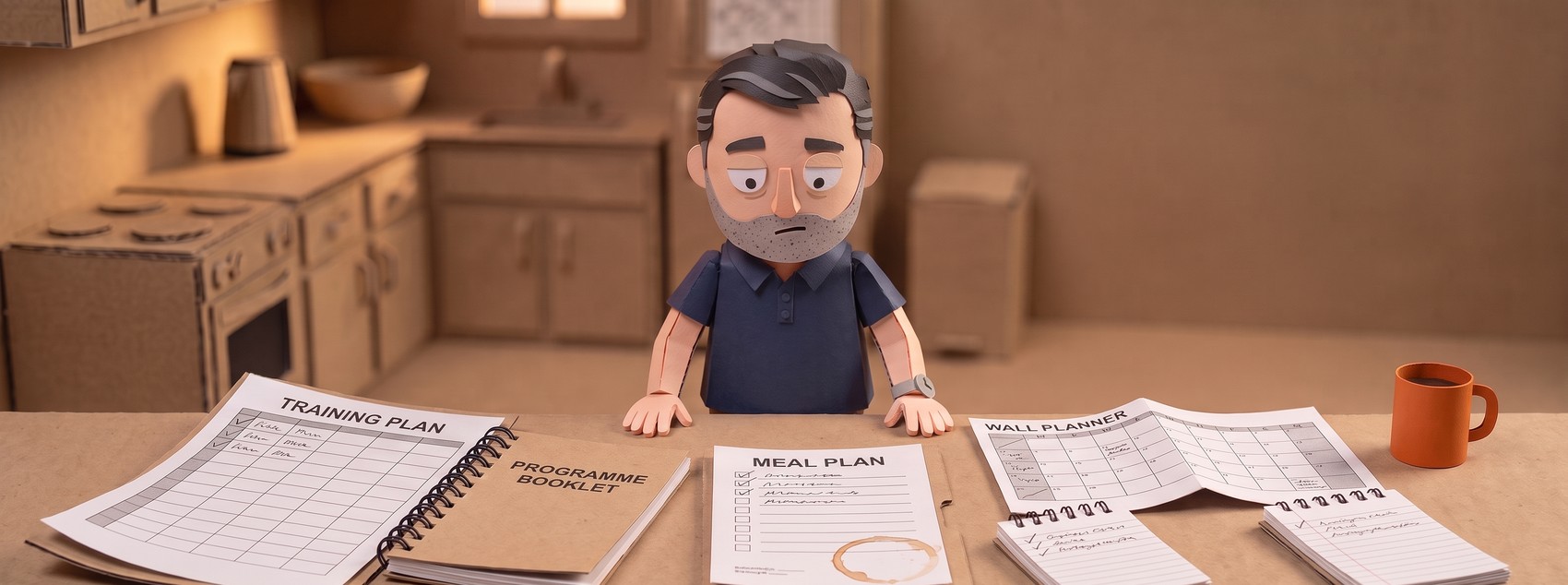 A paper puppet leans on a kitchen table covered in abandoned training plans, meal plans and planners, each with only its first two or three boxes ticked, an orange mug at his elbow.