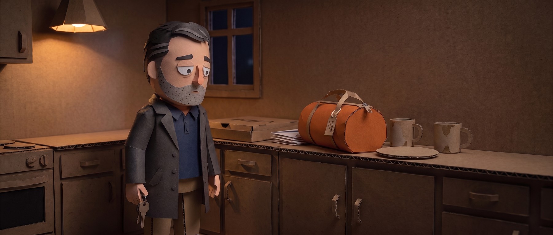 A paper puppet stands in his dim cardboard kitchen on a Friday night, still in his coat with his keys in his hand, looking at an unopened orange gym bag on the worktop beside a pizza box, unopened post and dirty mugs.
