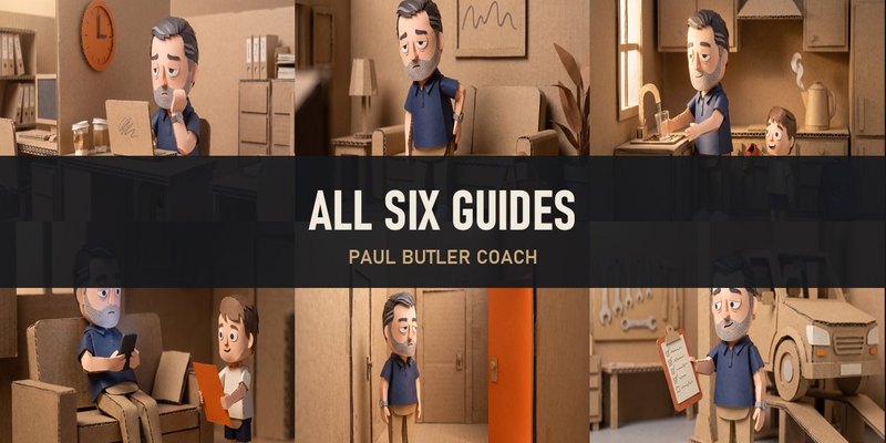 Dave the cardboard character in six scenes, one from each guide