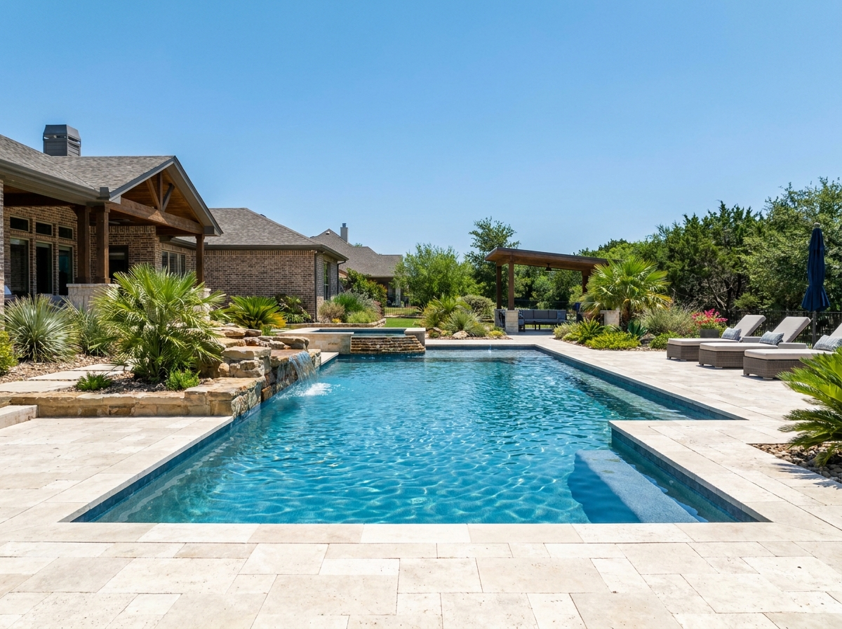 Custom gunite pool with travertine deck in Houston TX built by Boardwalk Pools