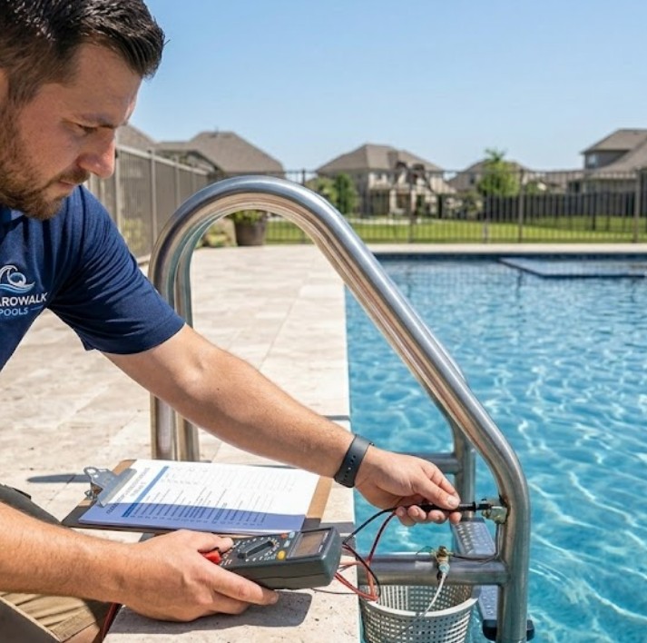 Professional pool inspector checking a luxury Cypress, TX swimming pool with a stone deck and safety fence.