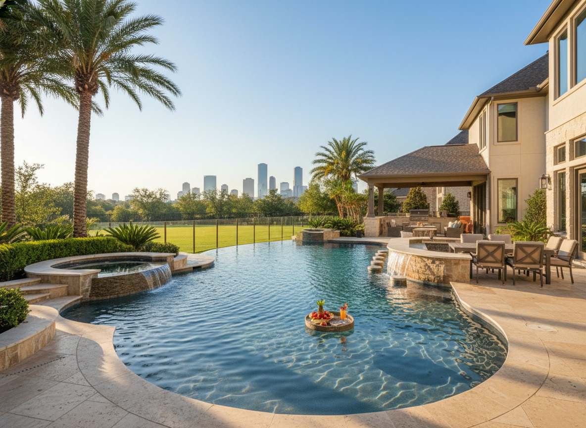 Luxury backyard swimming pool with custom stonework and modern lighting in Houston, Texas.