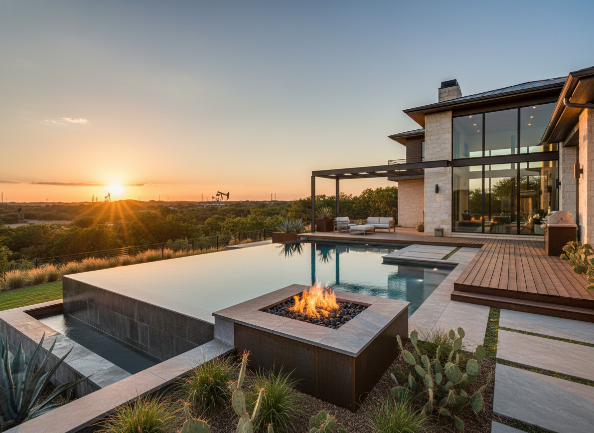 Sleek modern pool design with a geometric layout and stone paving in a Texas backyard.