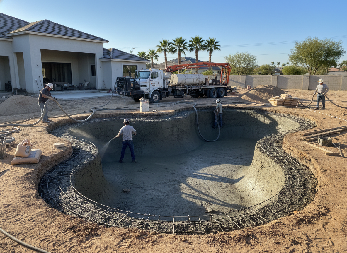 Construction crew spraying a gunite pool frame to create a durable inground swimming pool structure.