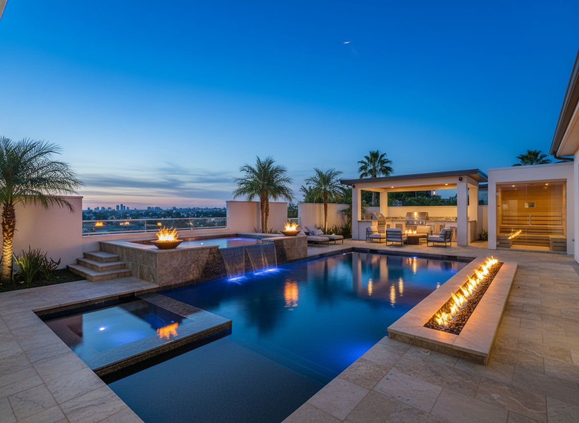 Luxury backyard pool with a cascading rock waterfall and integrated fire feature.