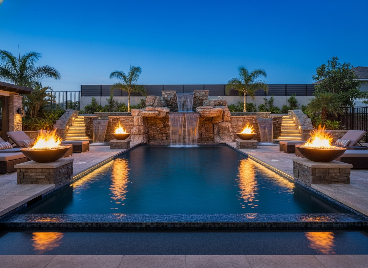 Luxury pool upgrade featuring decorative fire bowls and cascading stone waterfalls.