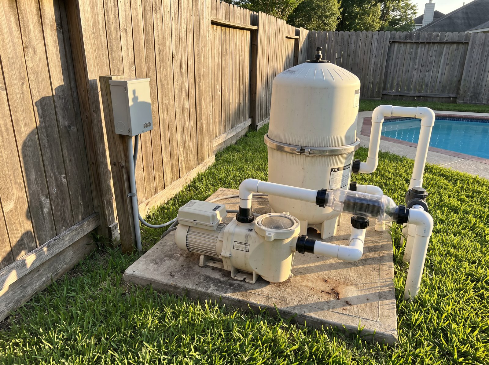 Pool pump, filter and inline salt chlorine generator cell on a backyard equipment pad in Houston, Texas
