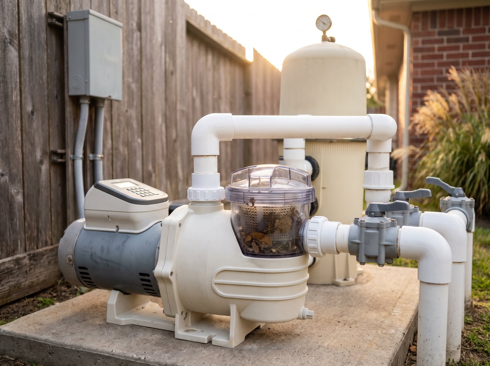 Pool pump, cartridge filter and PVC valve manifold on a backyard equipment pad in Houston, Texas