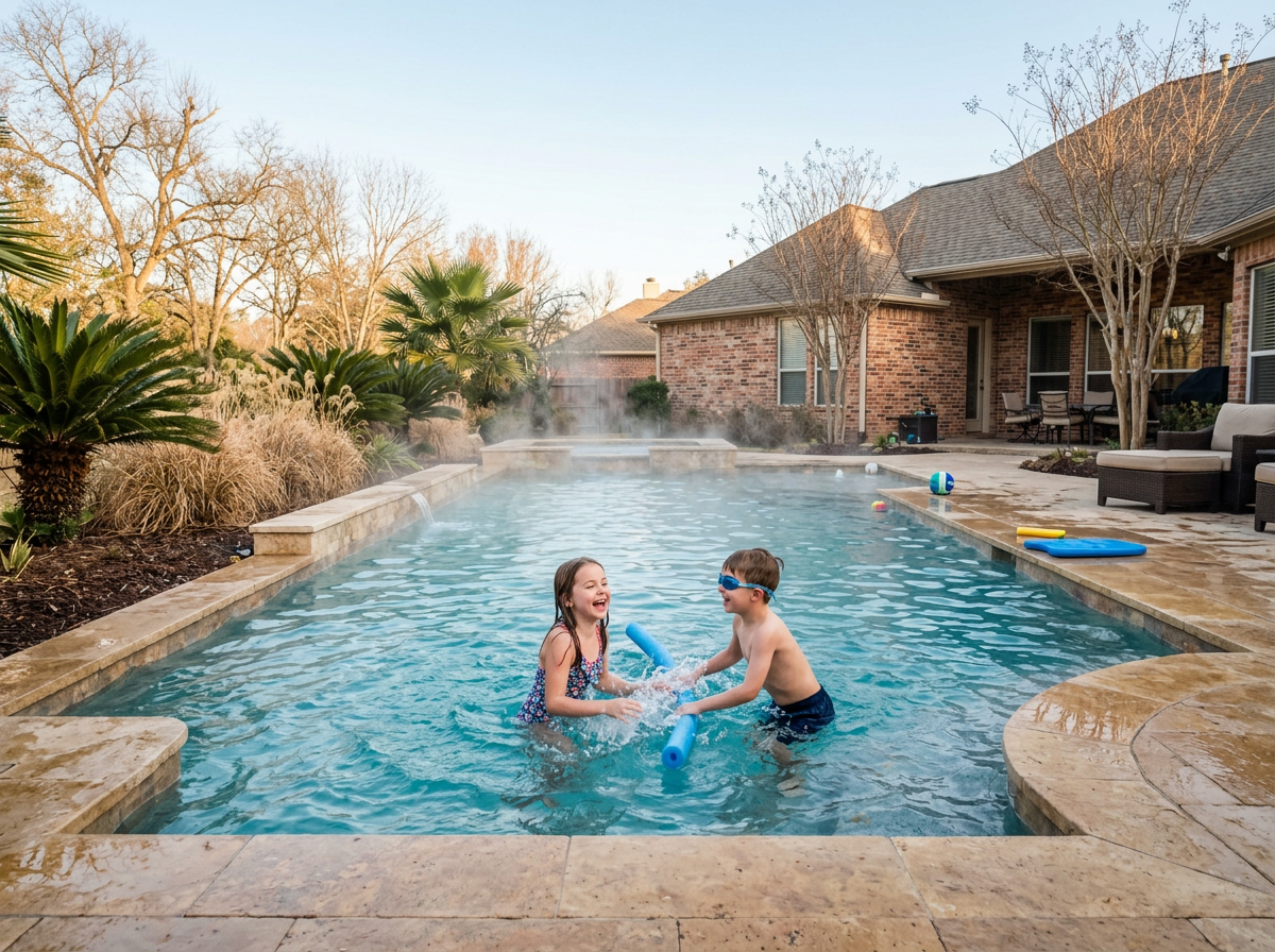 Children swimming in a heated backyard pool on a cool February day in Houston TX, steam rising off the warm water