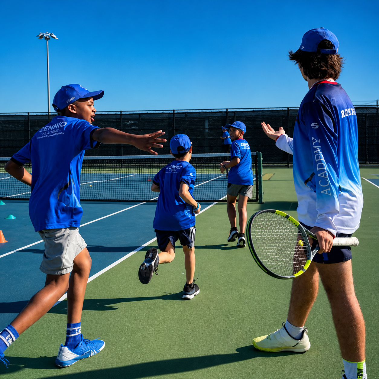 Zenniq Academy athletic tennis training with junior players working on movement balance and body control