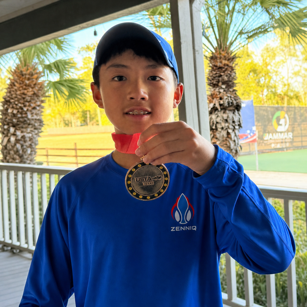 Zenniq Academy junior tennis player showing a medal with pride after a tennis achievement